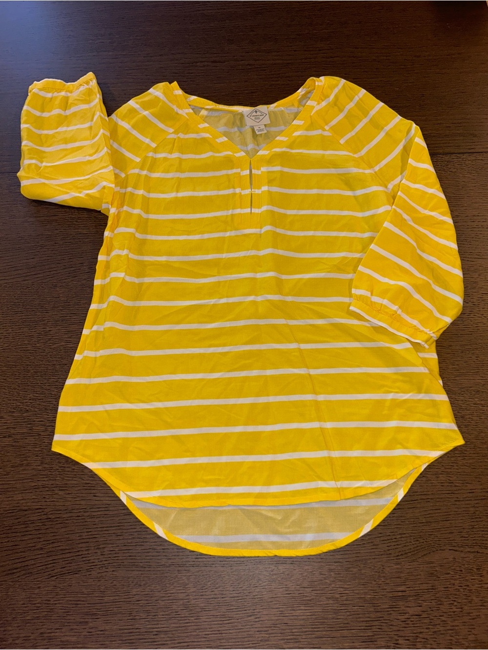 St. John's Bay Yellow and White Striped V-Neck Top 3/4 Sleeve Tunic Blouse Sz M